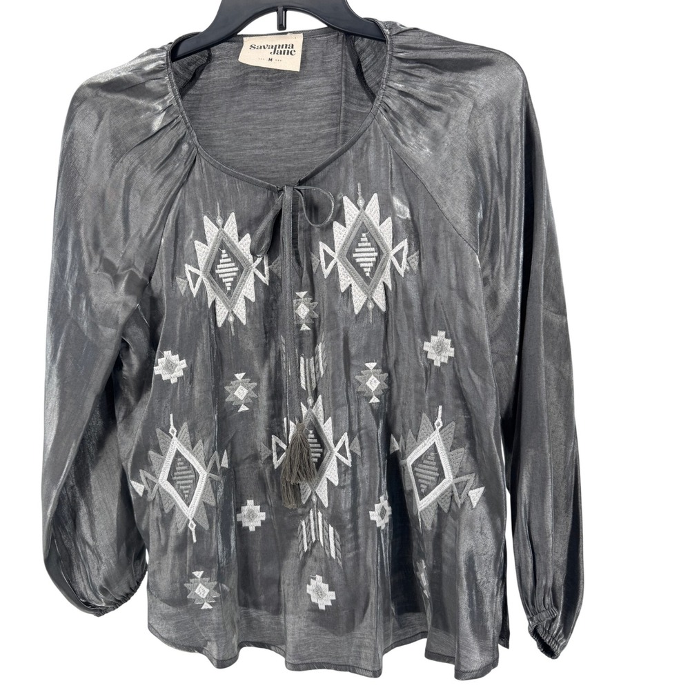 Savanna‎ Jane Gray Metallic Embroidered Tassel Tie Neck Boho Blouse Medium